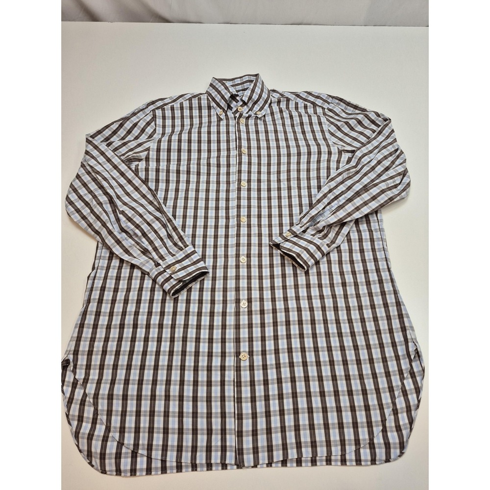 Kiton Shirt Mens L Brown Plaid Cotton Button Up Long Sleeve Casual Made In Italy